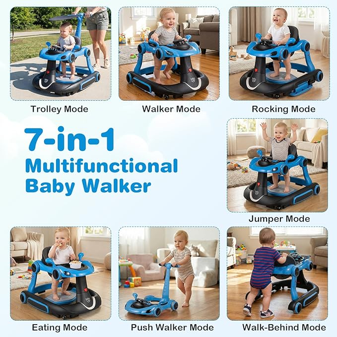 BABY JOY 7-in-1 Baby Walker, Foldable Baby Walker and Bouncer Combo with Handle, Adjustable Height & Speed, Music, Lights, Rocker/Push Mode, Baby Walker with Wheels for Boys Girls 7-18 Months (Blue)