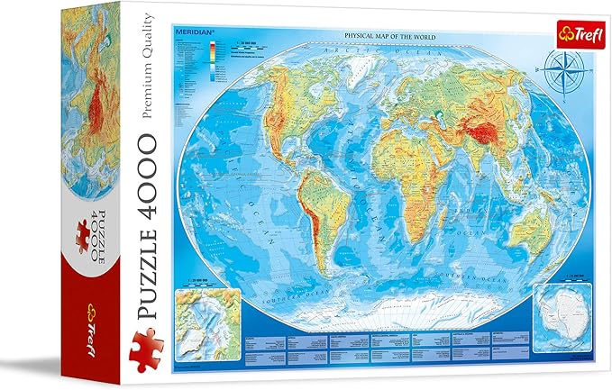 Trefl Large Physical map of the World 4000 Piece Jigsaw Puzzle Red 54"x38" Print, DIY Puzzle, Creative Fun, Classic Puzzle for Adults and Children from 15 Years Old