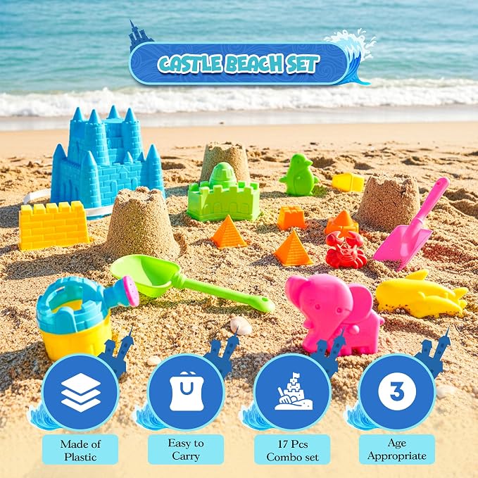 4E's Novelty Beach Toys for Kids with Bag (17 Pcs Set) Castle Beach Bucket with Shovels & Molds Kit - Sand Toys Set for Toddlers with Mesh Beach Bag Backpack, Easter Basket Stuffer
