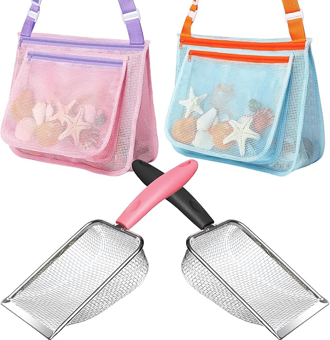Beach Toy Set Include 2 Mesh Shovels and 2 Beach Mesh Bags,Kids Sand Sifter for Shells Collecting