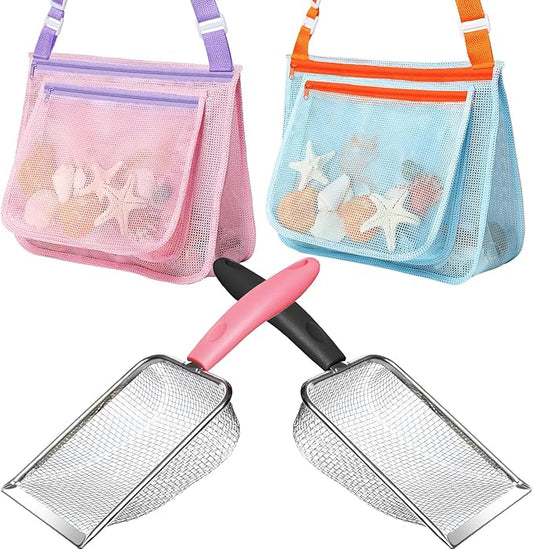 Beach Toy Set Include 2 Mesh Shovels and 2 Beach Mesh Bags,Kids Sand Sifter for Shells Collecting