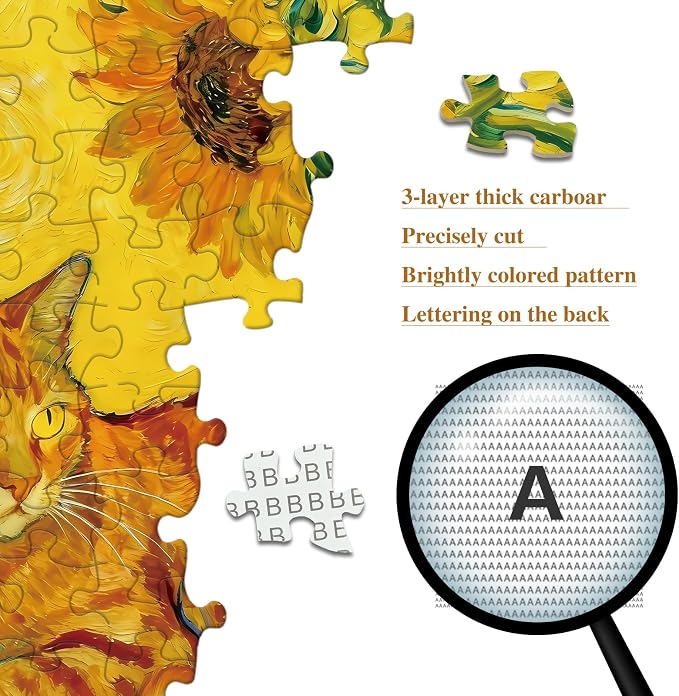 Adult Puzzles Kitten Jigsaw Puzzle 1024 Pieces with Letters on Back | Impossible Puzzle Cat and Sunflower Family Decoration Gift for Valentine Friends Parents（23.86 x 23.86 inches）