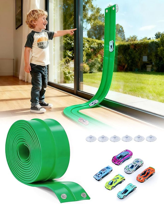 Flex Track 15 Ft Flex Race Car Track with 6 Toy Cars, Portable DIY Racetrack Compatible Diecast 1/64th Cars for Ages 3 Up with Suction Cups, Birthday Gifts for Boys(Green)