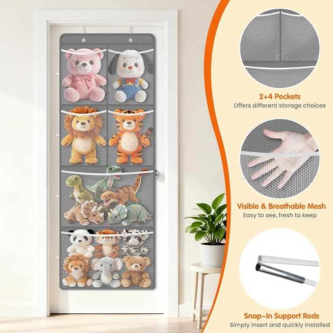 SpaceHacks Stuffed Animal Storage - Large Over the Door Organizer with 6 Expandable Mesh Pockets & Metal Hooks, Non-Woven Fabric Hanging Plush Items Holder for Nursery, Bedroom, Playroom (Gray)