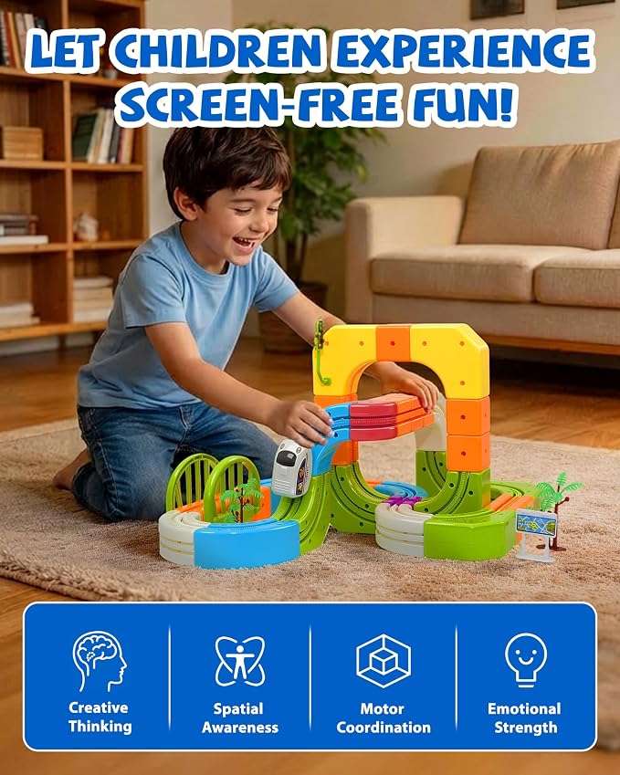 Electric Train Set for Kids 3 4 5 6 7 8, Magic Rail Block Flexible Race Track Railway Set, DIY Assembled 3D STEM Car Track Train Toys for Toddlers 3-5, Birthday Gift for Boys Girls(145 Pcs)