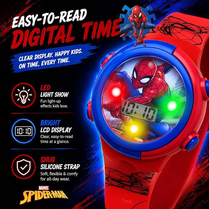 Marvel Spider-Man Kids Watches – Digital Display, Interactive Features, Adjustable Strap, Vibrant Spider-Man Graphics, Durable for Active Kids