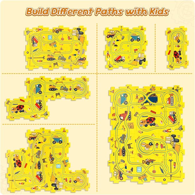 Plastic Puzzles for Kids Ages 3-5 with Toy Cars (Excavator + Dump Truck), Gift Toys for 3 4 5 6 Year Old Boys Girls, Toddler Puzzle Track Car Play Set, Critical Thinking Educational Toys
