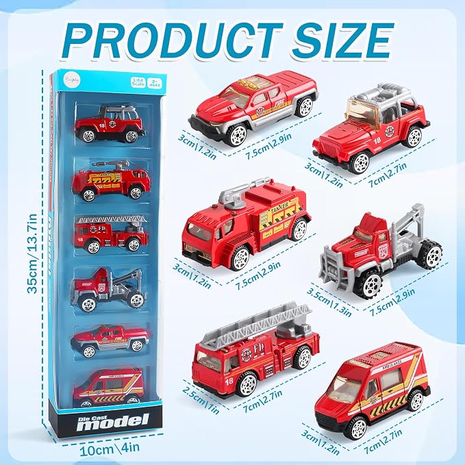 6 Pack Diecast Fire Truck Vehicle Toy - Mini Car Metal Model Toy Set - Kids Fire Engine Emergency Vehicles Set for Boys Girls - Gifts for 3 4 5 6 7 Year Olds