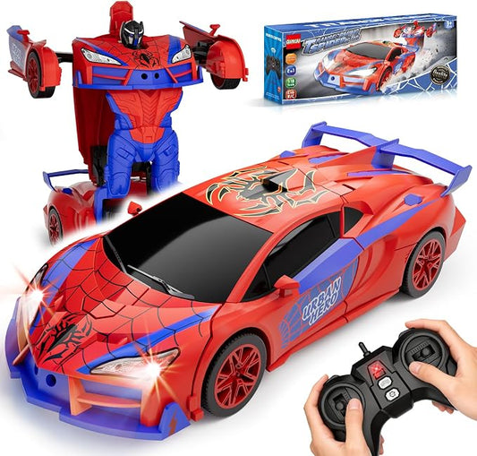 Qumcou Spider Toys for Boys 4-6, Remote Control Car, One-Button Transform Superhero Toys, 2.4Ghz RC Cars, 360° Spin,1:16 Scale, Shinning Red and Blue Light, Birthday Gifts for Boys, Boy Toys Age 6-8
