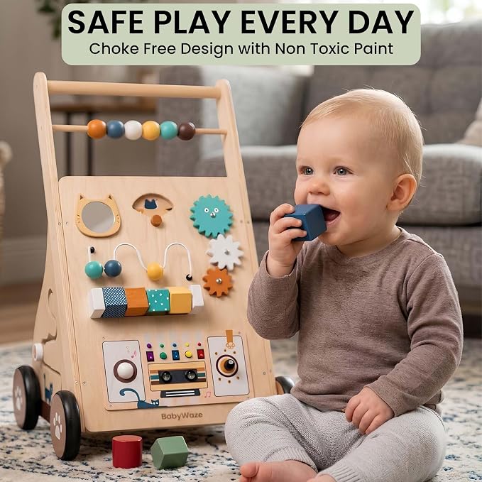 Baby Walker with Wheels - Adjustable Speed Wooden Push Walker for Babies 9-18 Months, 3in1 Montessori Sit to Stand Learning Toy with Musical Board, Shape Sorter & Bead Maze, Boys Girls