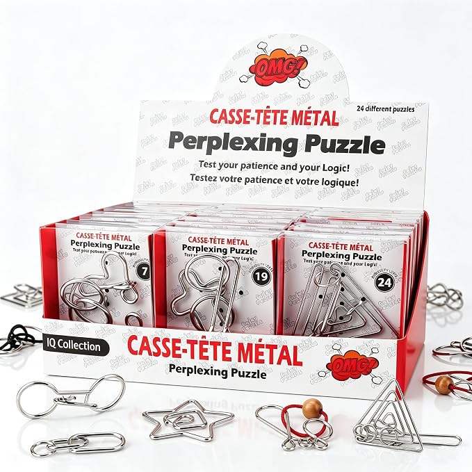 Metal Puzzles Brain Teaser, 24pcs Metal Wire Puzzles for Adults Kids Teenagers, Classical Mini Mind Ring Puzzle Set, Educational IQ Unlock Interlocking Toy Lock Puzzle Gift Set
