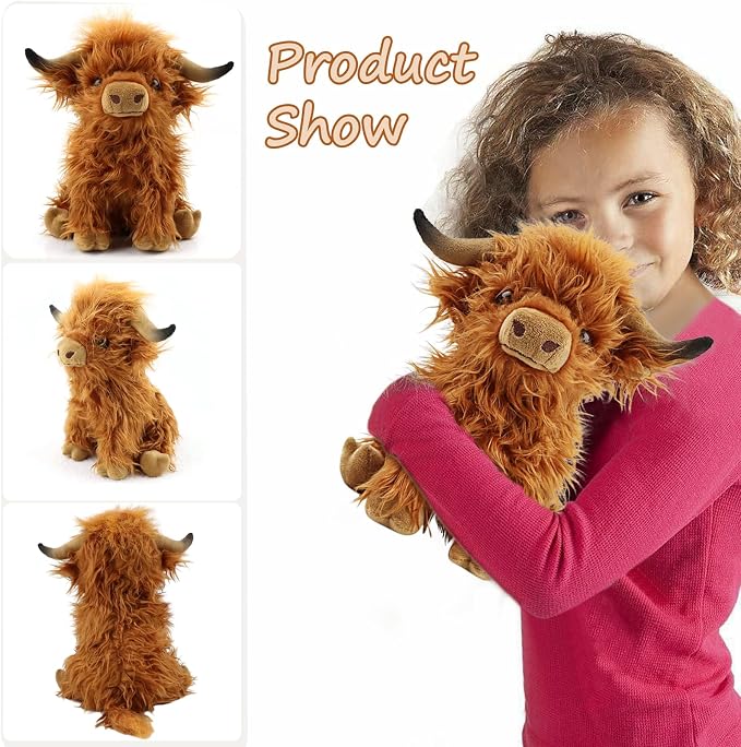 Highland Cow Stuffed Animal Realistic Scottish Cow Plush Toy Soft Farm Animal Cattle Plushie Doll Present for Adults Kids Boys Girls (Brown Cow, 10.8 Inch)