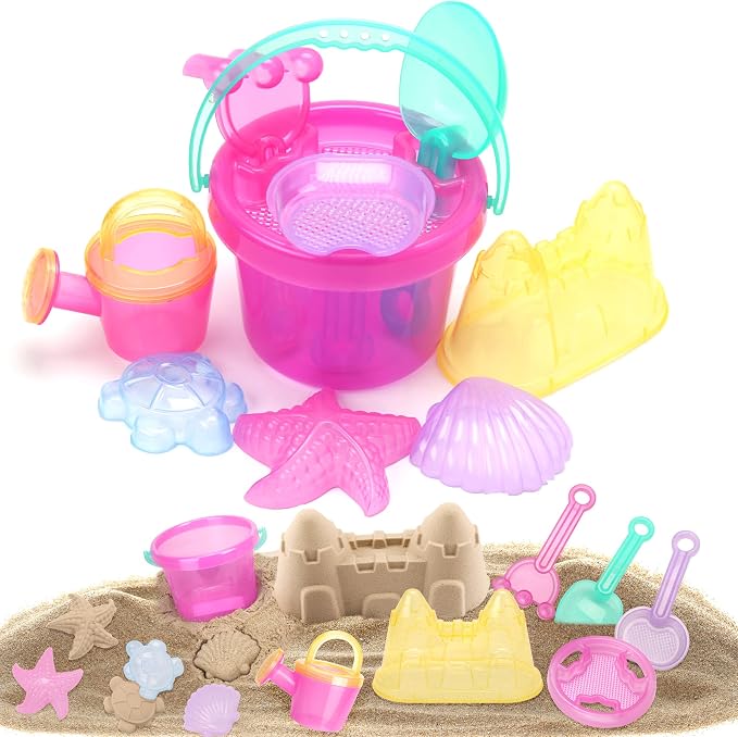 LotFancy 10PCS Sand Toys for Toddlers 1-3 3-5, Pink Beach Toys Set for Girls 18M+, Translucent Sand Castle Molds, Bucket, Sifter, Shovels & Watering Can, Durable Sandbox Toys for Kids