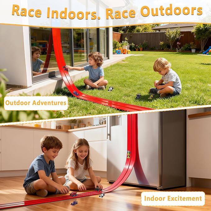 Portable DIY 16ft Flexible Race Track with Roll-Up Storage Compatible with 1/64 Diecast Cars Ages 3+（Includes 6 Racing Cars） Christmas Decorations for Kids