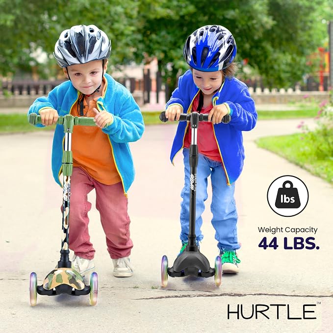 Hurtle Mini Kickboard 3 Wheel Scooter for Kids Ages 2-5 - Lean-to-Steer Toddler Scooter with Light-up LED Wheels, Adjustable Height & Rear Foot Brake for Boys. & Girls, Anti-Slip, Indoor/Outdoor