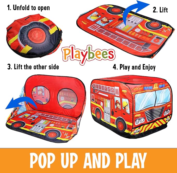 Playbees Musical Fire Truck Pop Up Play Tent with 3 Openings - Role Play Firefighter Tent - Sirens & Fireman Sounds - Indoor Outdoor - Red Fire Engine Playhouse Vehicle Toys - Ideal Play, Gift, Prop