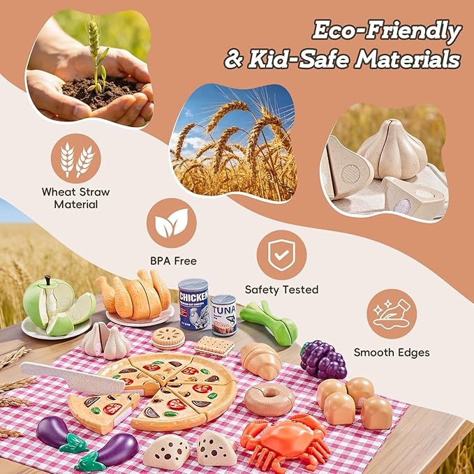 86Pc Wheat Straw Play Food for Kids Kitchen-Toy Food with 2 Baskets & Picnic Blanket, Realistic Cutting Pizza, Grocery Cans, Pretend Play Kitchen Accessories & Toddler Toys for Boys Girls 3+