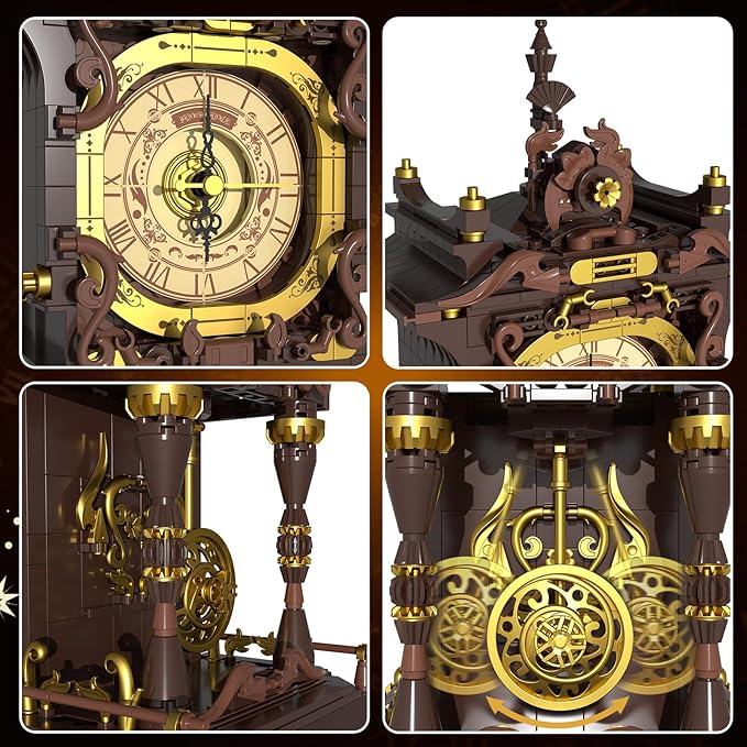 Vintage Swing Clock Building Blocks Set, Real Working Moving Pendulum & Rotating Dial, Mechanical Building Blocks Toys, Gift for Adults Teens Girls Boys 12+, Retro Steampunk Home Decor