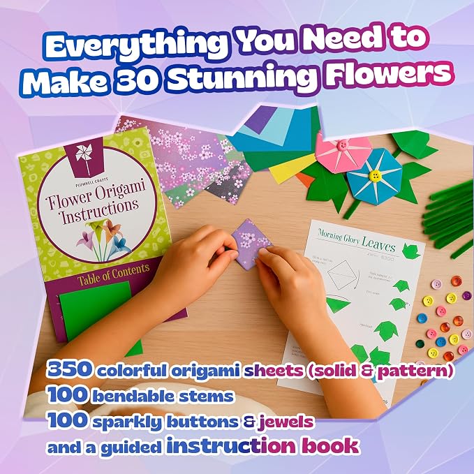 Pinwheel Crafts Flower Origami Kit for Kids Ages 8-12 | 550 Pcs Origami Paper Kit w/Multicolor Folding Papers, Chenille Stems,Buttons and Jewels, Arts and Crafts Paper Book for Kids Ages 6+
