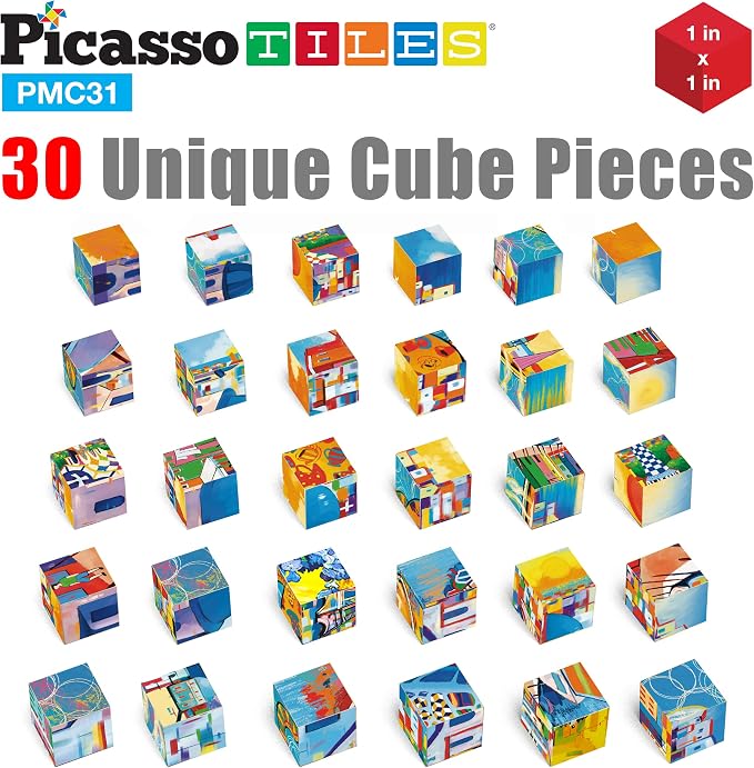 PicassoTiles 6-in-1 World Famous Painting Puzzles Magnetic Cubes Toy_Building_Block, Spain Park Guell, Paris Eiffel Tower, Greece Santorini & More for Kid, Educational Art for Boys and Girls