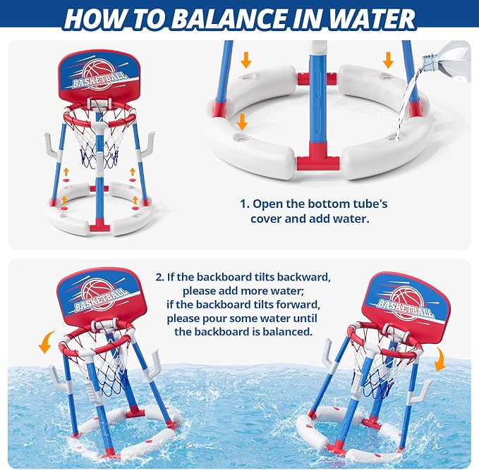 HYES 2 in 1 Pool Basketball Hoop with Ring Toss, Floating Pool Toys - Anti-Tip Stable Base - with 4 Balls/8 Rings/Pump - Summer Water Basketball Games Indoor Outdoor Gifts for Kids 4-8 & Adults, Red