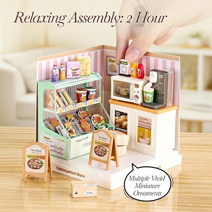 Miniature Convenience Store DIY Kit with Acrylic Display Case – Mini Market Dollhouse Scene, Tool-Free Craft Set for Teens, Adults & Beginners