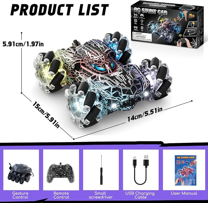 Spider Gesture Sensing Remote Control Car Toys Birthday Gift for Boys 3 4 5 6 7 8 9 10 11 12, Double Sided RC Cars with Full-Body Light, 2.4GHz Hand Controlled Rechargeable RC Stunt Car - Black