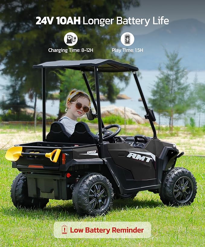 ELEMARA 24V Ride on Toy for Big Kid,Ride on Car 2 Seater w/Sun Shade,Dump Bed & Shovel,4.5MPH,4WD Electric Car for Kids,Battery Car w/Remote,Kids Ride on Truck,3 Speed,LED Lights,Bluetooth, Dark Black