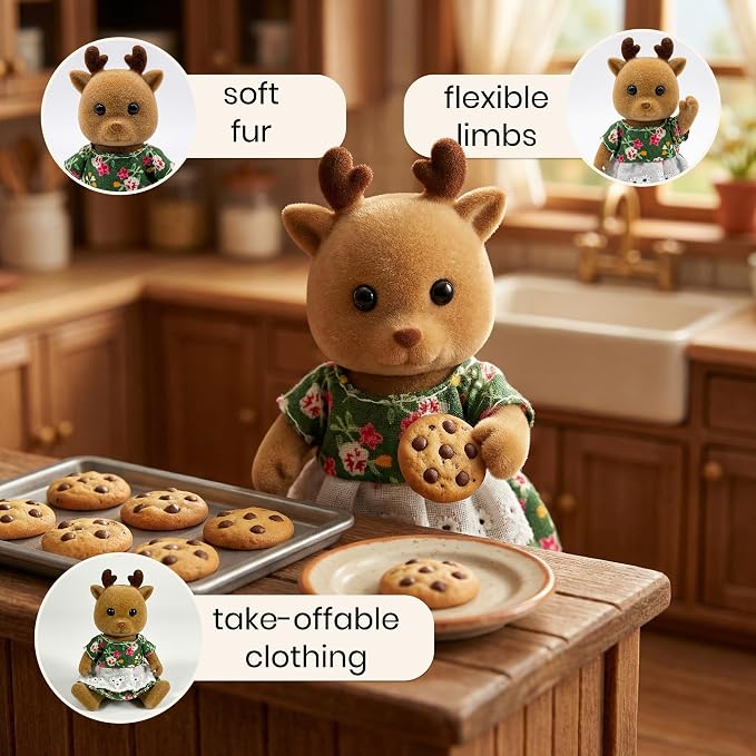 Family Brown Deer Figures — Set of 2 Collectible Flocked Mini Dolls with Removable Clothes, Dollhouse Pretend Play Set for Kids Ages 3+
