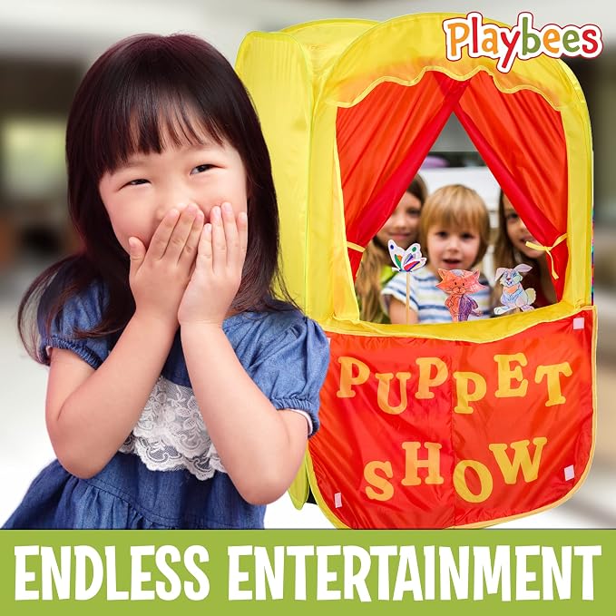Puppet Theater for Kids, 2-in-1 Puppet Show & Lemonade Stand Pop-Up Play Tent - Playbees Foldable Theater Stage, Indoor Outdoor Pretend Play, Ages 2+, 28x20x41 in with Carry Bag, Toddler Gift