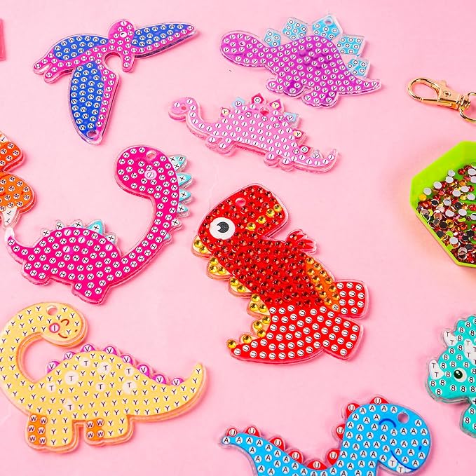 Labeol Arts and Crafts for Kids Ages 8-12 - Creat Your Own GEM Keychains-5D Diamond Art by Numbers GEM Art Kits for Kids Girls Toddler Crafts Age 6-7 6-8 10-12 (Dinosaur)