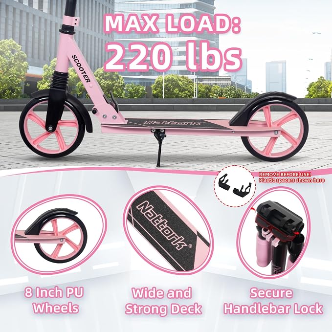 Nattork Kick Scooter for Kids 6+ Years Teens Adults - 220LB Weight Capacity, Front Shock Absorber and Adjustable Handlebar - Smooth Ride with 8" Sturdy Wheels, Ideal for Outdoor Sports