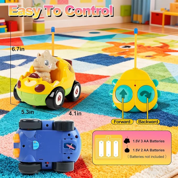 MagicKidz Dinosaur RC Car for Kids - 2-Pack Remote Control Dino Toy Cars for Boys Toddlers Ages 18+ Months, 2 3 4 5 Year Old, Birthday Gifts with Lights and Music