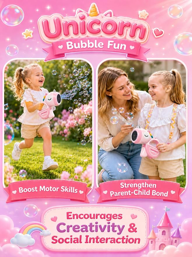 Unicorn Automatic Bubble Machine for Toddler Kid Princess Toy Age 3 4 5 6 7 8 Year Old Little Girl Boy Gift Maker Blower Summer Outdoor Burbujas Niñas Easter Christmas Birthday Present Pink