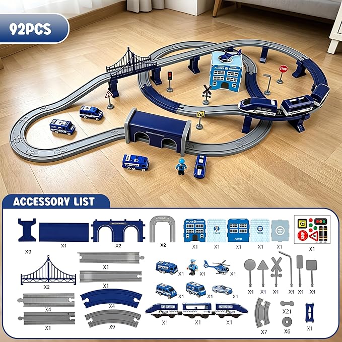 Wdmiya Train Set for Toddlers, 92 Pcs Train Toys for Kids Ages 3-8, Electric Trains Sets with Tracks (Magnetic Connection), Battery Operated Trains Birthday Gift for 3 4 5 6 7 8 (Police 92 Pcs)