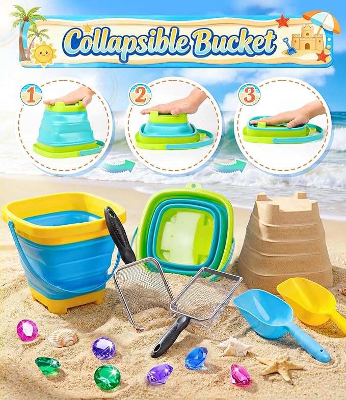 DISHIO Beach Toys for Kids, 24 Pcs Metal Sand Sifter & Collapsible Beach Buckets Set, Stainless Steel Sand Shovel, Sandcastle Building Kit with Mesh Bag, Travel Sand Toys for Toddlers Age 3-10