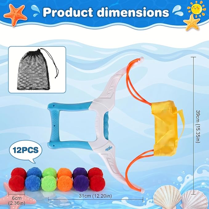 Reusable Water Balloon Set with1 Bow Launcher Toy and 12 Pcs Reusable Water Absorption Cotton Balls, Outdoor Summer Yard Water Games and Pool Beach Activities for Boys Girls Ages 3-12