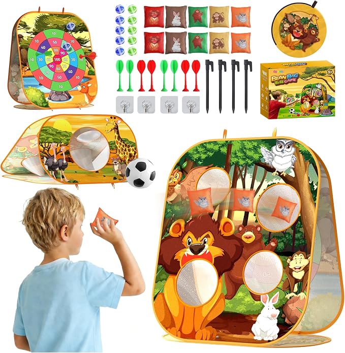 4-in-1 Animal Bean Bag Toss Game for Kids, Cornhole & Dart Board Set for Toddlers, Outdoor Toys for Family Party, Backyard, Beach & Lawn Activities, Gift for Boys and Girls Ages 3 4 5 6 7 8