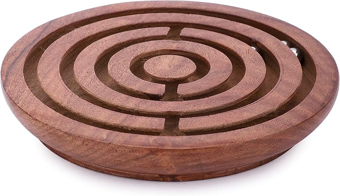 Ajuny Handcrafted Indian Wooden Round Labyrinth Ball Maze Puzzle Board Game Challenging Education Game, Brain Teaser for Kids, Adults