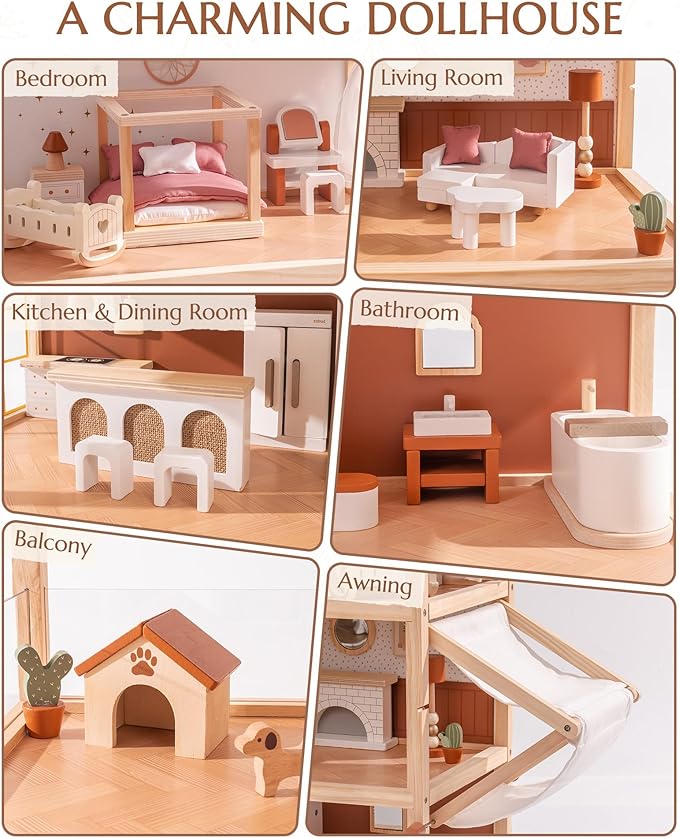 ROBUD Doll House - Wooden Bohemian Dollhouse with Realistic Design, Includes 37 Pieces of Furniture & Accessories for Kids Ages 3+