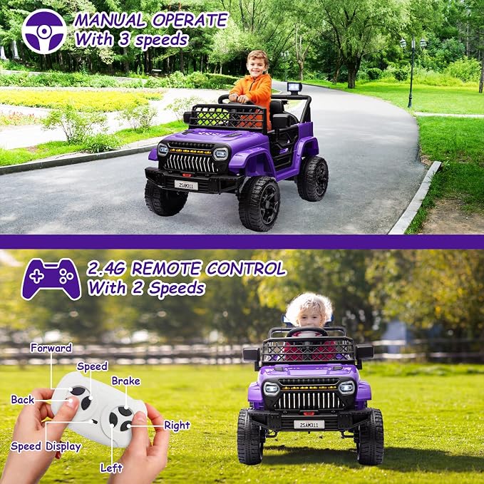 GarveeLife 12V Kids Ride On Truck Electric Vehicle Battery Powered Car Toddles Ride On Toy for Boys Girls with Remote Control, 4-Wheel Suspension, Battery Display, LED Lights, Music, Purple