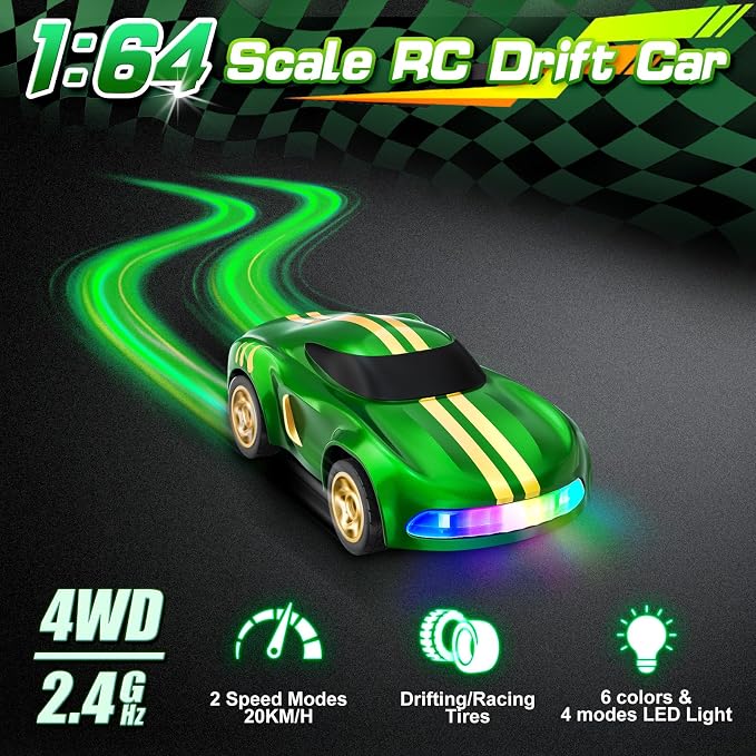 RC Drift Car, 1/64 Mini Drift RC Cars 4WD Micro Remote Control Car with LED Lights and Speed Switch, Cars Toys for Adults Kids Boys Age 6 7 8-12, Green