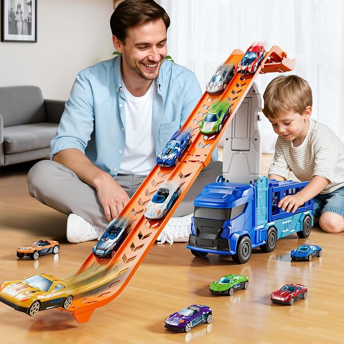 Truck Toys Car Track Set for 3 4 5 6 Years Old Boys, Carrier Truck Transporter Car Race Track with 12 Die-Cast Racing Car Toys, Birthday Gifts for Toddlers Kids Girls Age 3 4 5 6 7 8