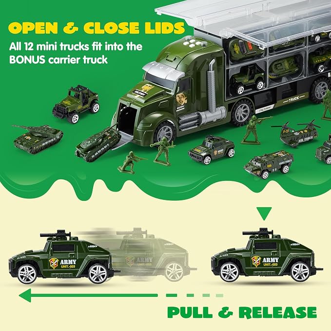 JOYIN 25 in 1 Military Kids Truck Toys for Age 3+, Toddler Boy Toys, Army Men Tanks Set with Soldier Men, Mini Battle Cars in Carrier Truck with Lights and Sounds, Gifts for Grandkids