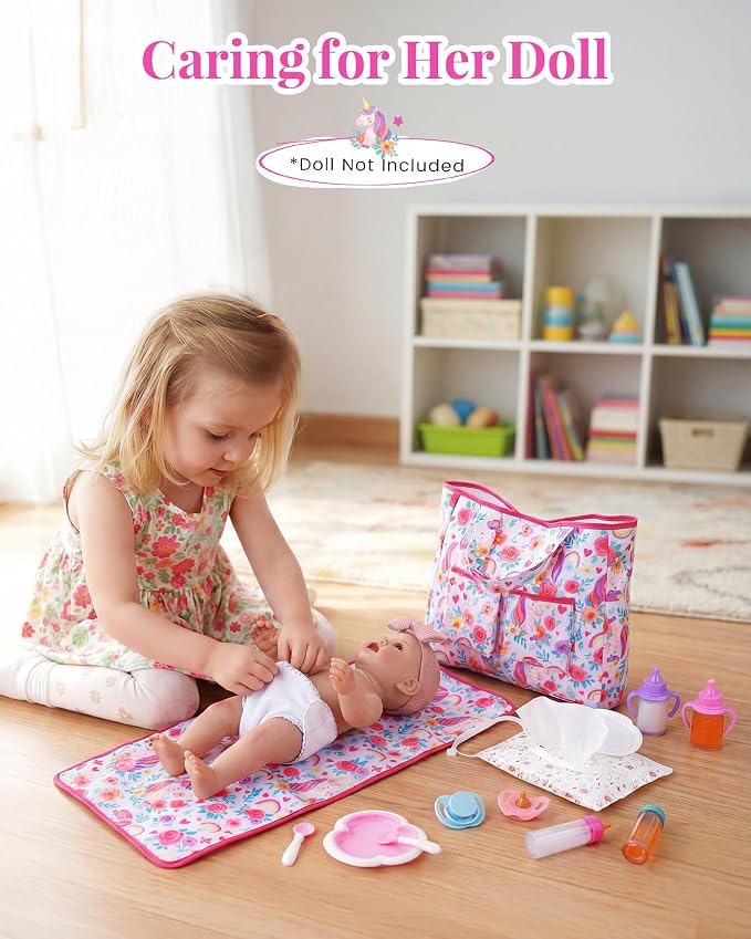BABESIDE 14 Pcs Baby Doll Accessories with Magic Bottles, Baby Doll Diaper Bag Set Includes Changing Mat, Diapers and Bottle with Disappearing Milk for 12-16 Inches Dolls Kids Gift