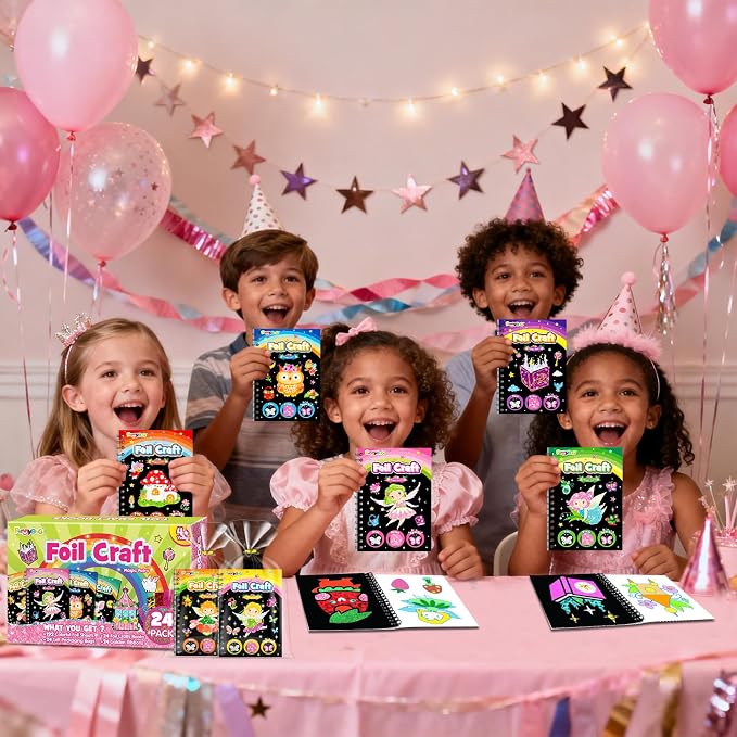 FUNNYB&G Foil Art Party Favors for Kids - 24 Pack Foil Art Crafts Kits Coloring Books, Goodie Bag Stuffers Party Favors for Kids 4-8 8-12, Bulk Birthday Classroom Prizes Girls Boys Gifts (Fairy)