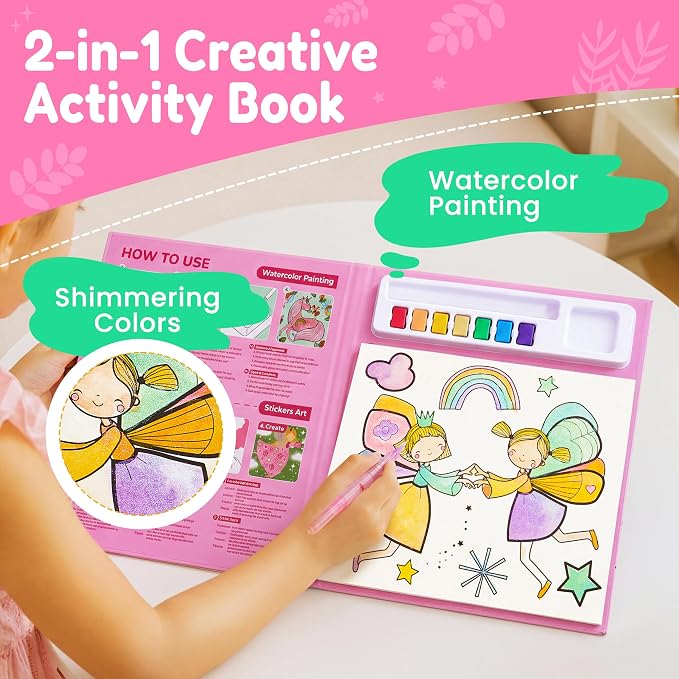 JoyCat Paint with Water Coloring Books & Creative Sticker(Tiny Fairy) | Watercolor & Sticker Activity - 200 Pcs Stickers for Kids, Toddler Painting Set, Art & Craft Travel Toy Gifts for Boys Girls