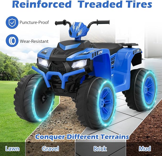 Costzon Kids ATV, 24V Four Wheeler Quad Ride on Car w/Forward/Backward, 2 Speeds, Wireless Connection, Music, Radio, LED Lights, Electric Vehicle Toddler 4 Wheeler for Kids, Boys & Girls 3-8 (Blue)