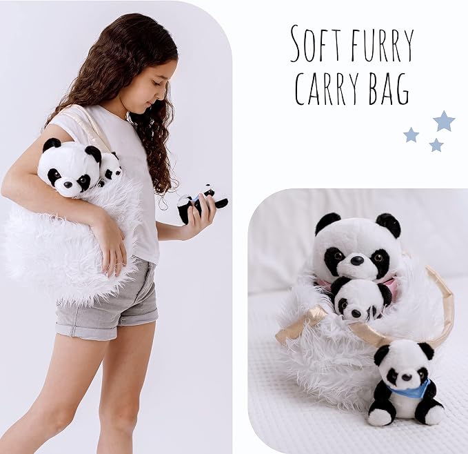 Perfectto Design Panda Stuffed Animal Bear Plush Toy for Girls 5 PCS Set - Mommy, 2 Babies, Bag, Blanket stuffies 3 4 5 Year Old Girl, Little Girls Birthday, Christmas Age 3-9