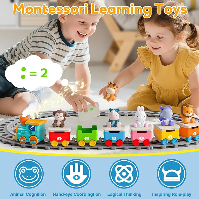 Zoo Animal Train Toys for Toddlers 2-4, Kids Electric Train Set with Music, Steam & Lights, Montessori Learning Toys with Finger Puppets, Christmas Birthday Gifts for Boys Girls Age 18 Months+